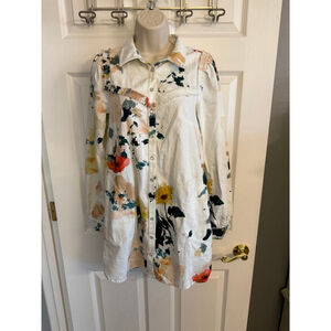 Anthro Pilcro LS Ruffled Denim Mini Shirt Dress watercolor floral print SZ S
